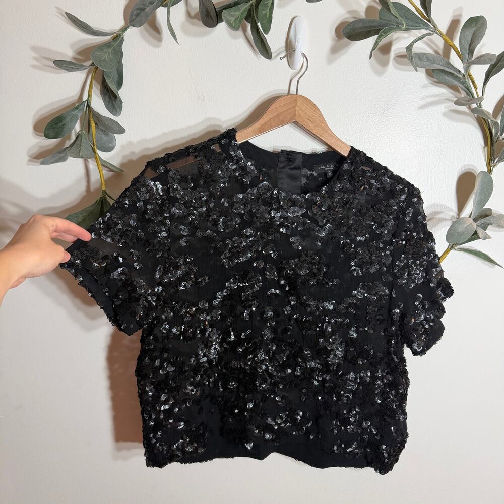Rag & Bone Black Sequin Short Sleeve Blouse